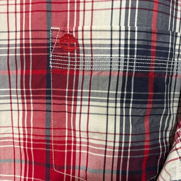 Timberland Mens Red Navy White Long Sleeve Button Plaid Shirt With Pocket Sz XXL - Picture 3 of 14